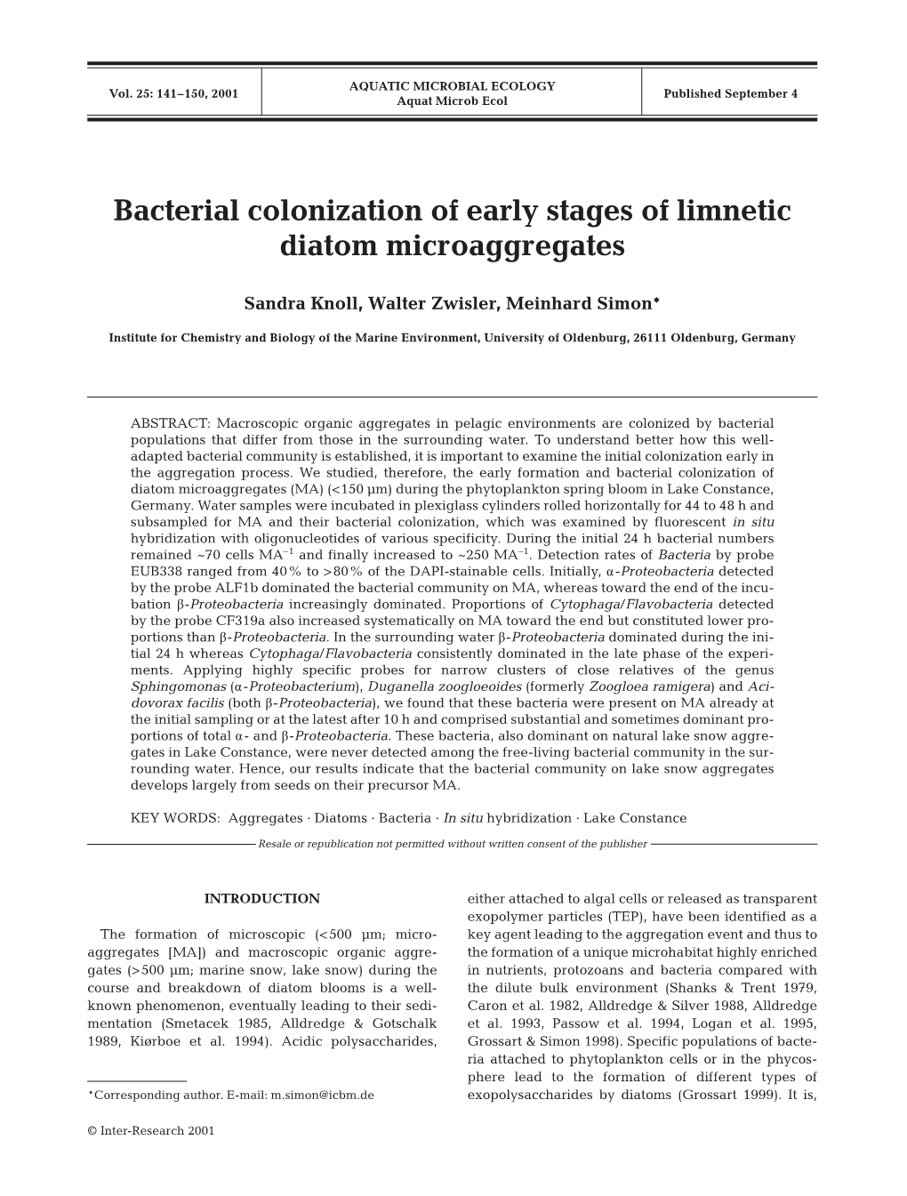 Bacterial Colonization of Early Stages of Limnetic Diatom Microaggregates