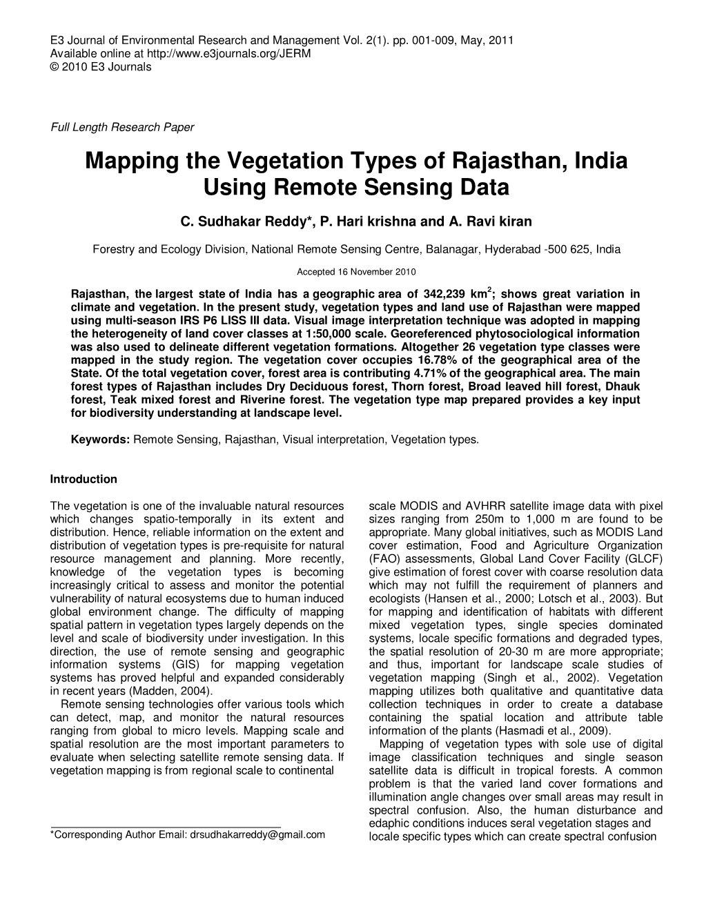 Mapping the Vegetation Types of Rajasthan, India Using Remote Sensing Data