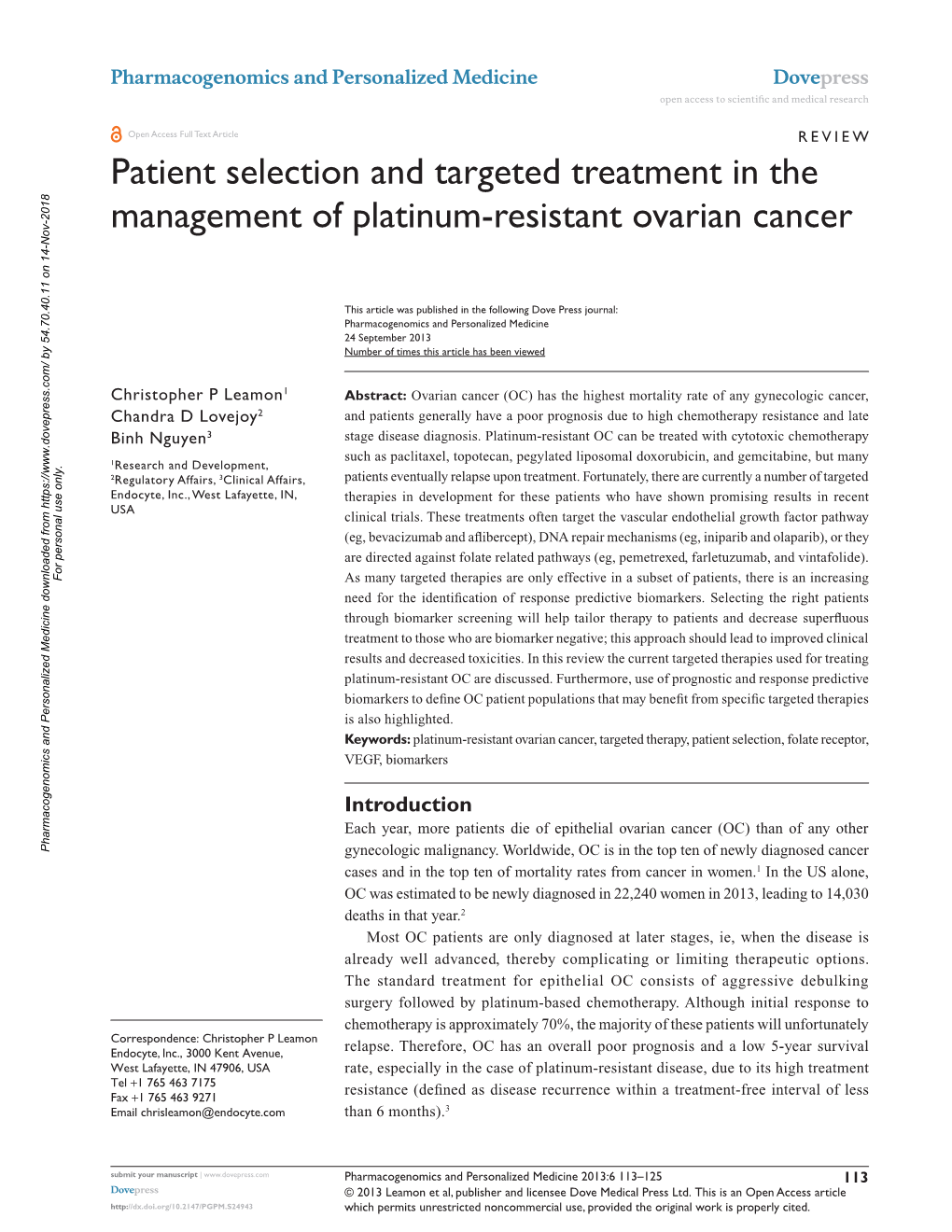 Patient Selection and Targeted Treatment in the Management of Platinum-Resistant Ovarian Cancer