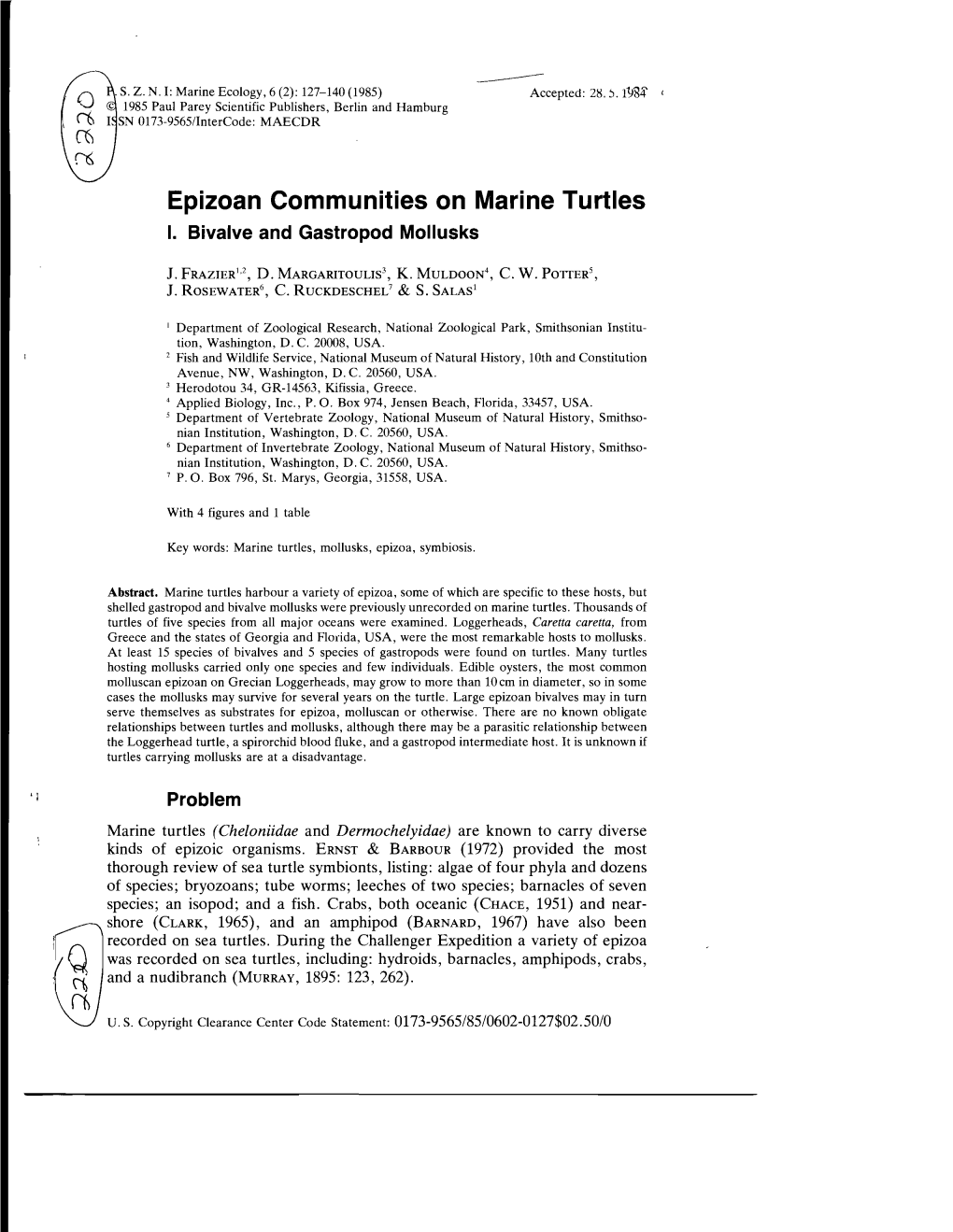 Epizoan Communities on Marine Turtles I