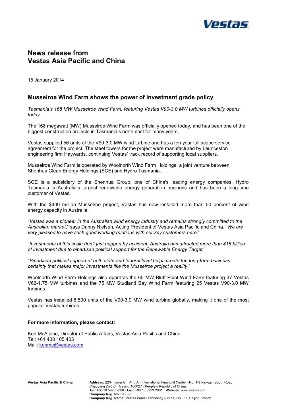 News Release from Vestas Asia Pacific and China