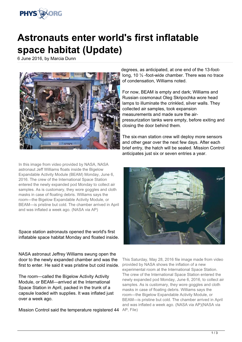 Astronauts Enter World's First Inflatable Space Habitat (Update) 6 June 2016, by Marcia Dunn