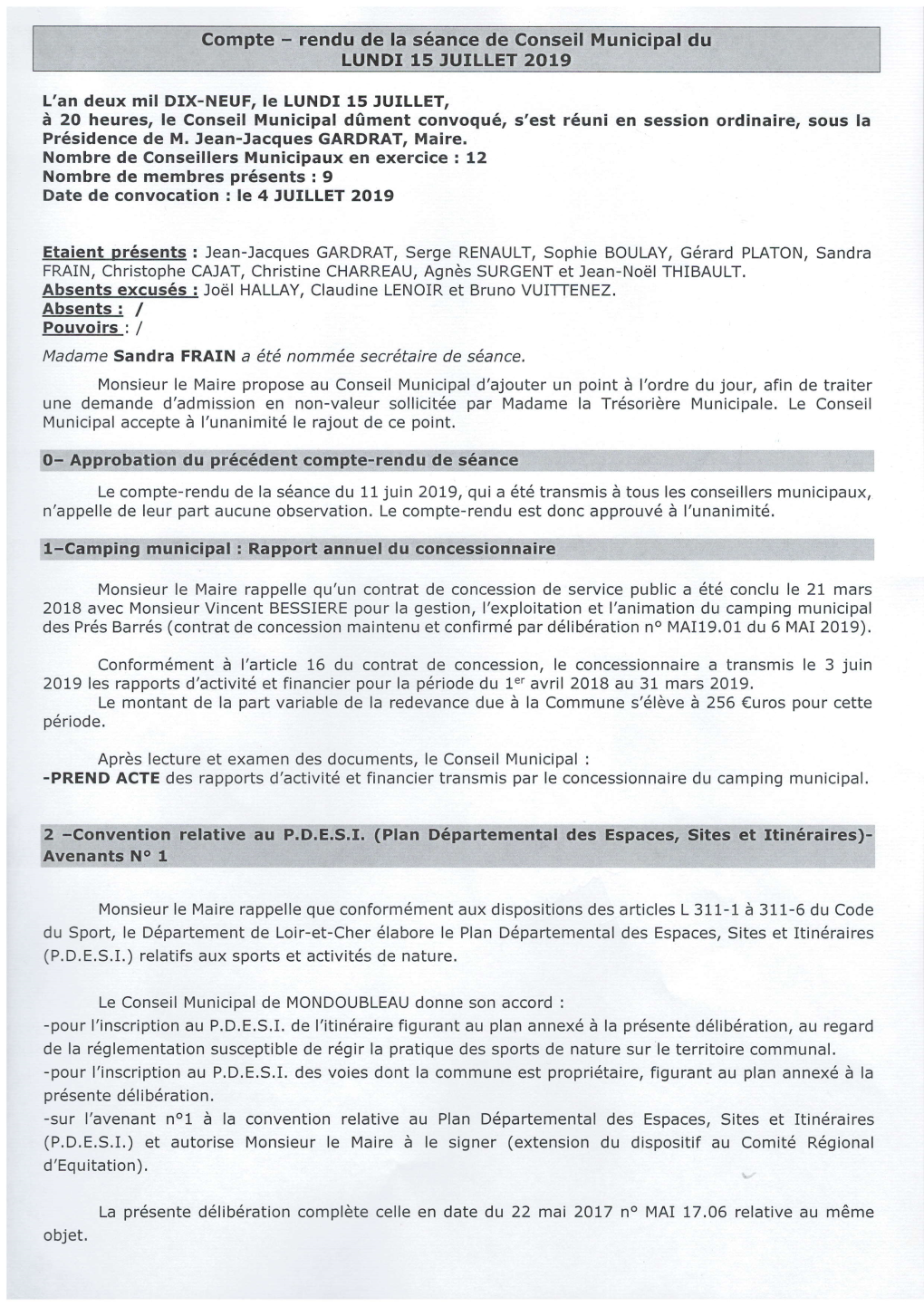 Compte Rendu De La Réunion De Conseil Municipal Du 15 Juillet 2019