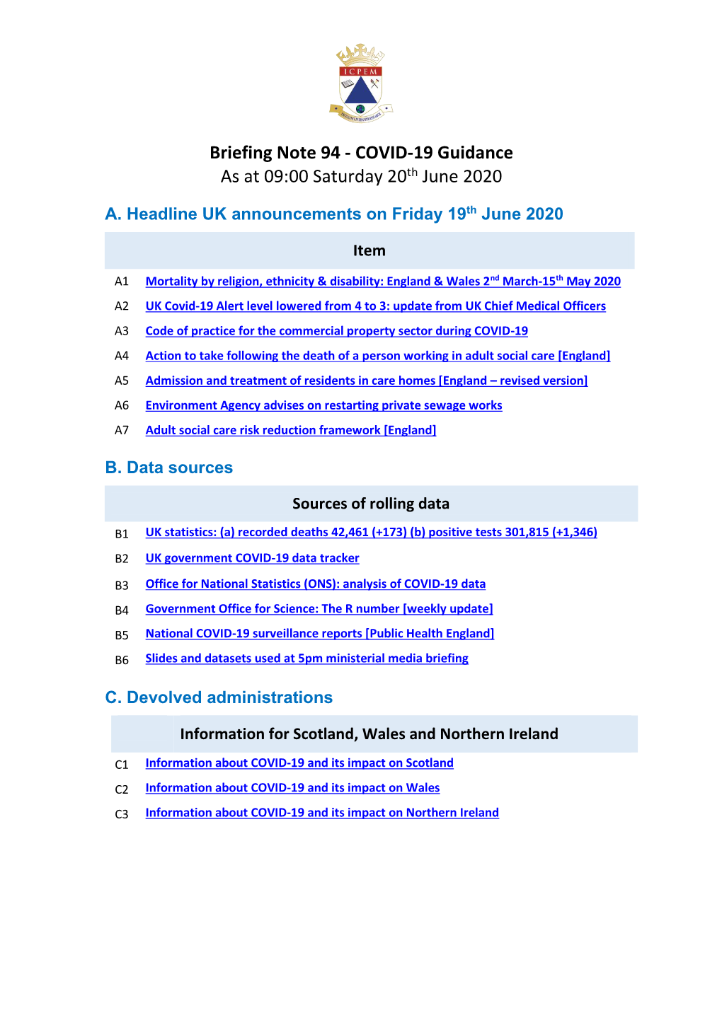 Briefing Note 94 - COVID-19 Guidance As at 09:00 Saturday 20Th June 2020