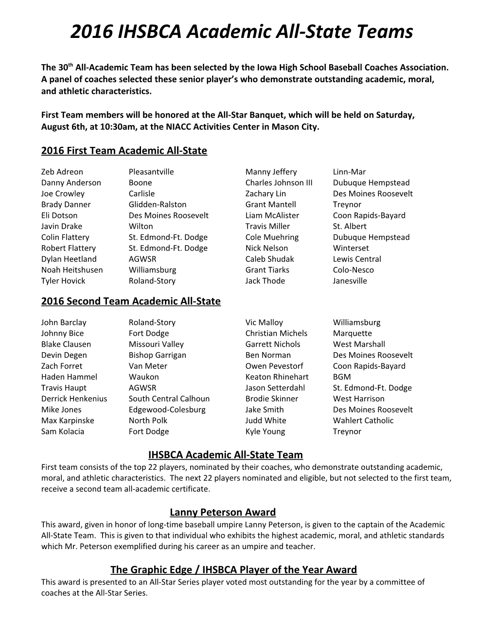 2016 IHSBCA Academic All-State Teams