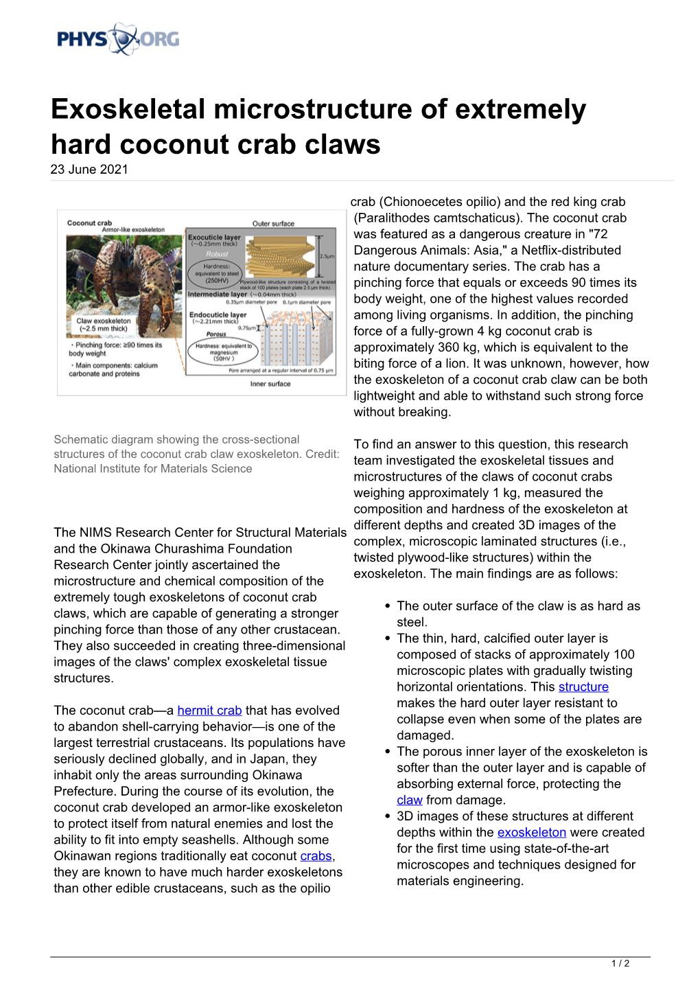 Exoskeletal Microstructure of Extremely Hard Coconut Crab Claws 23 June 2021