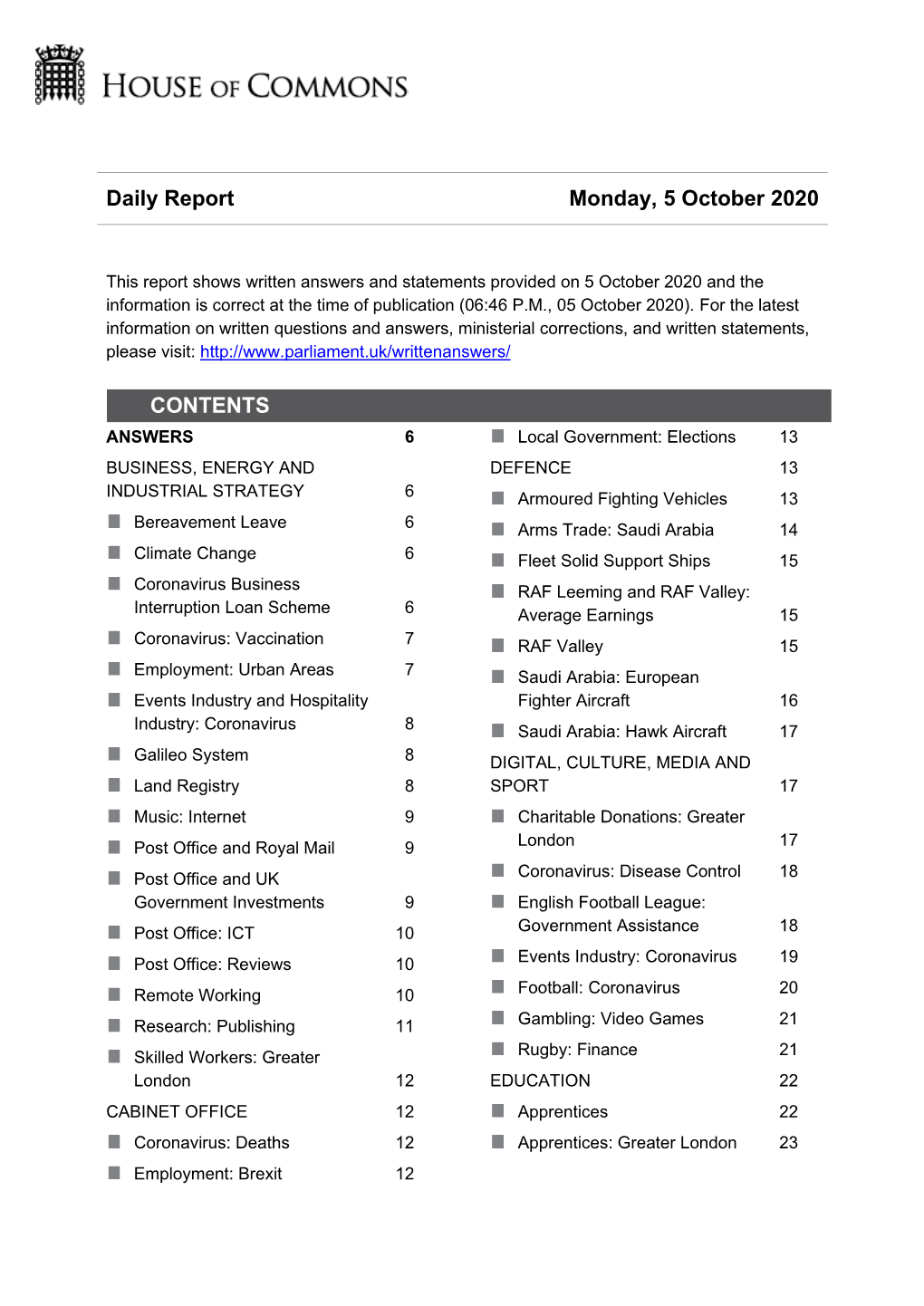 Daily Report Monday, 5 October 2020 CONTENTS