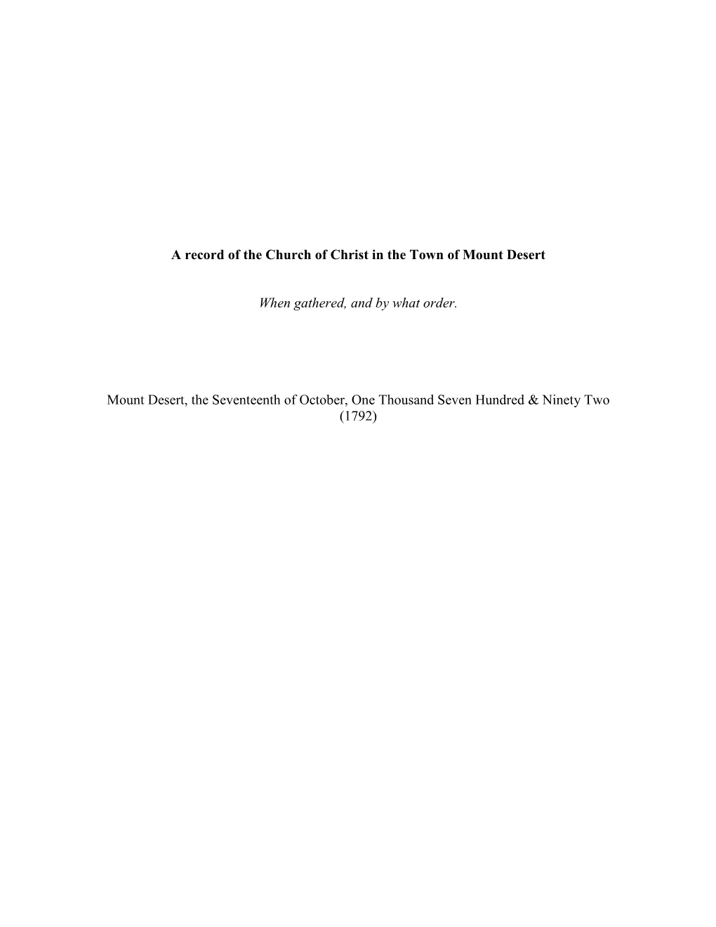 A Record of the Church of Christ in the Town of Mount Desert
