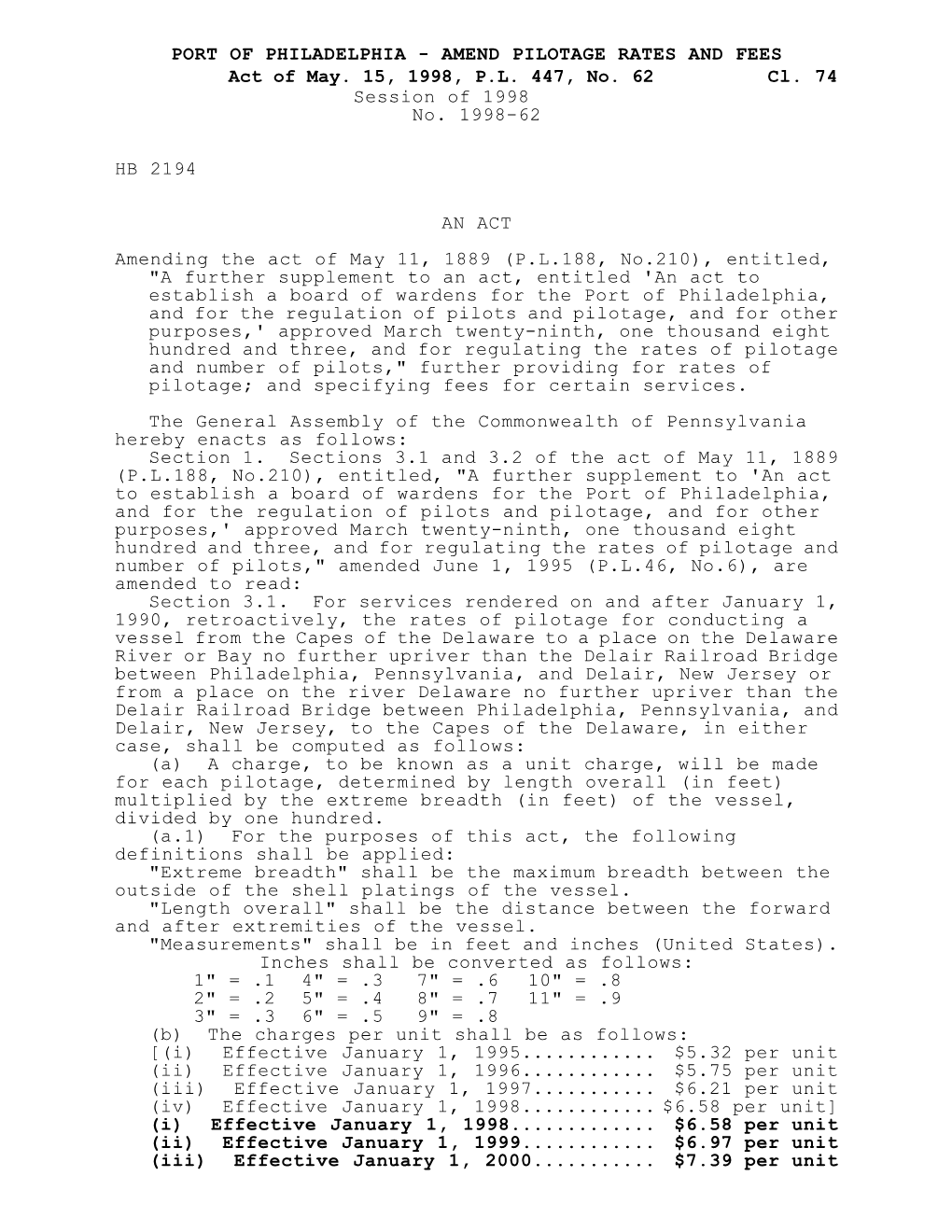 PORT of PHILADELPHIA - AMEND PILOTAGE RATES and FEES Act of May