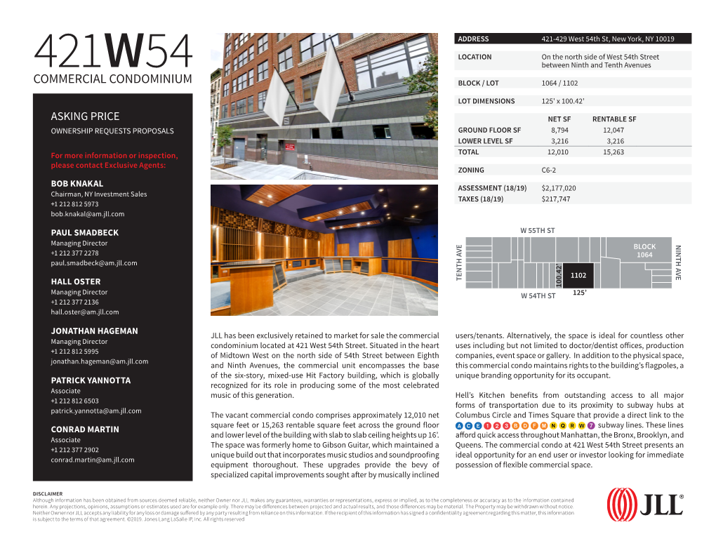 421W54 Between Ninth and Tenth Avenues COMMERCIAL CONDOMINIUM BLOCK / LOT 1064 / 1102