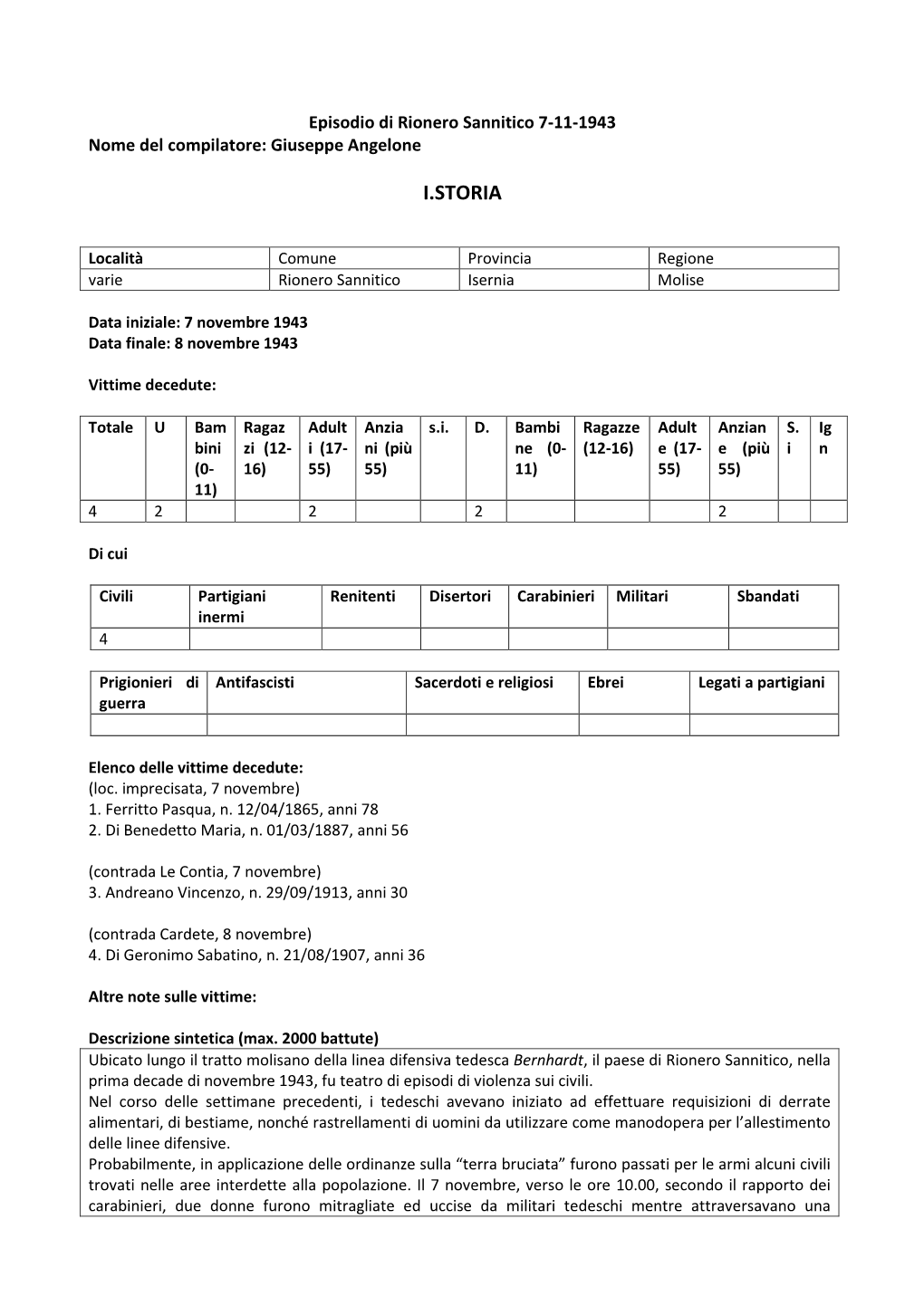 Episodio Di Rionero Sannitico 7-11-1943 Nome Del Compilatore: Giuseppe Angelone