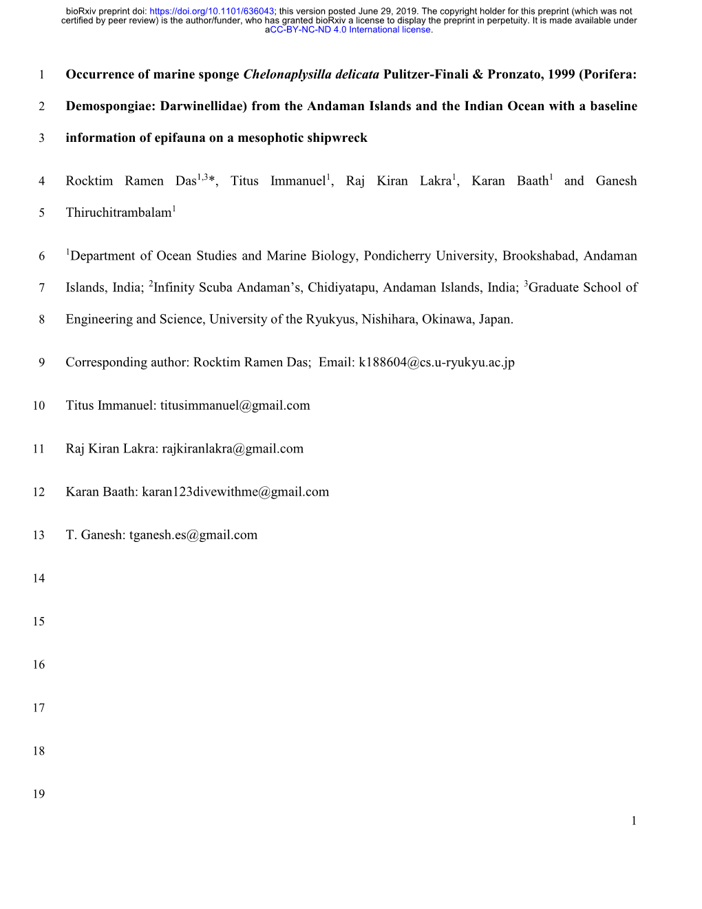 Occurrence of Marine Sponge Chelonaplysilla Delicata Pulitzer-Finali & Pronzato, 1999 (Porifera