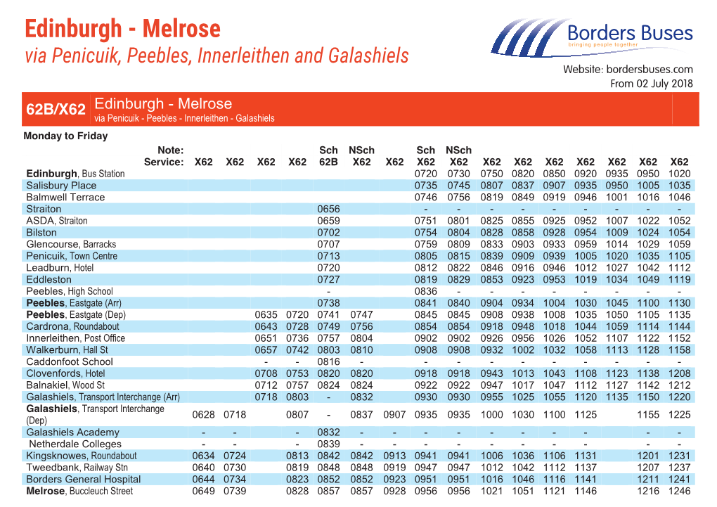 Edinburgh - Melrose Via Penicuik, Peebles, Innerleithen and Galashiels Website: Bordersbuses.Com from 02 July 2018