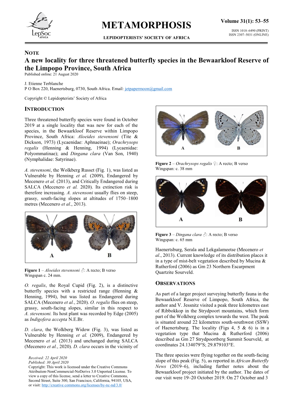 Metamorphosis Issn 1018–6490 (Print) Issn 2307–5031 (Online) Lepidopterists’ Society of Africa