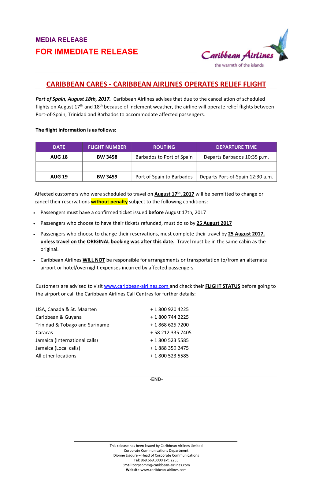 Caribbean Airlines Operates Relief Flight