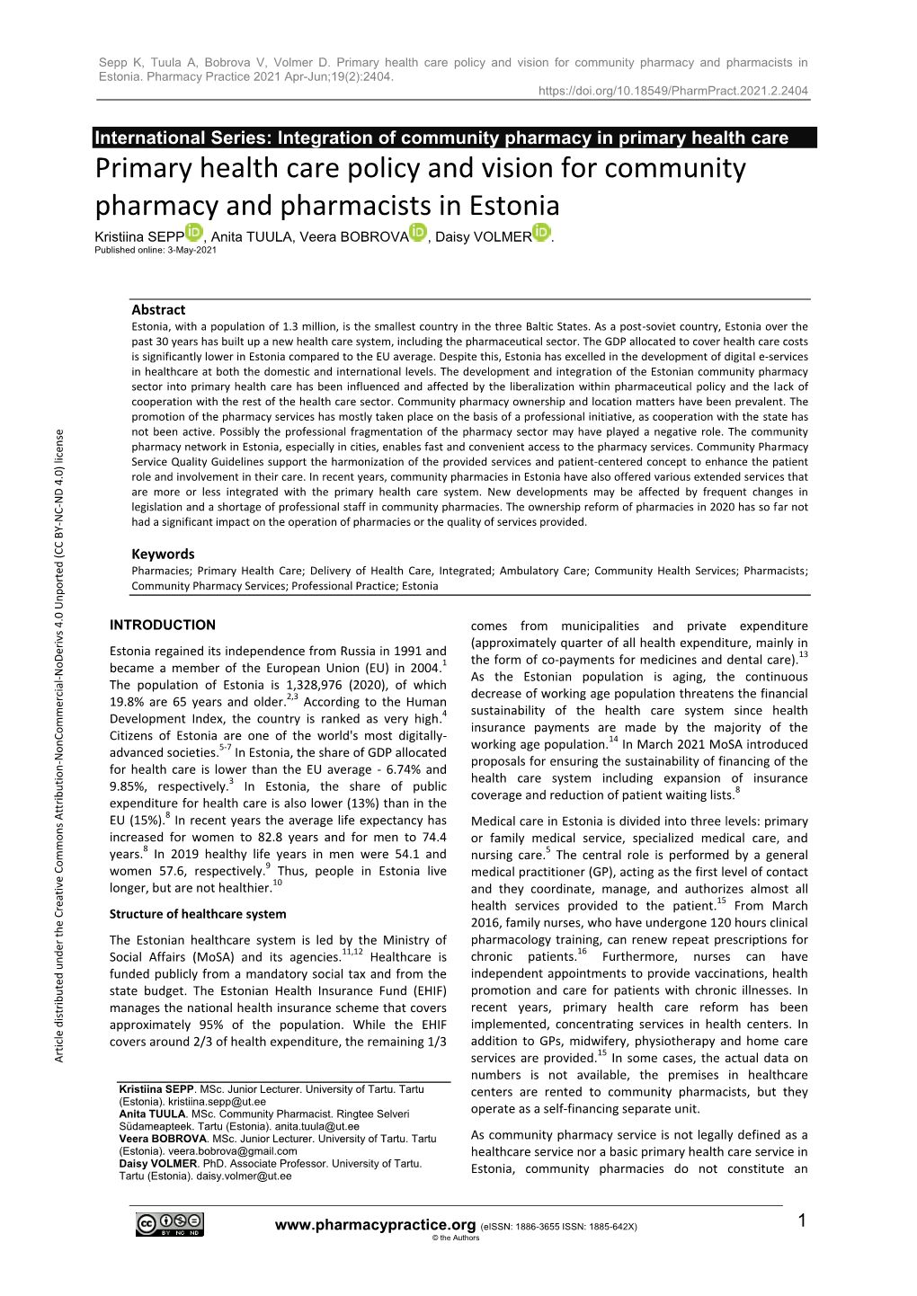 Primary Health Care Policy and Vision for Community Pharmacy and Pharmacists in Estonia