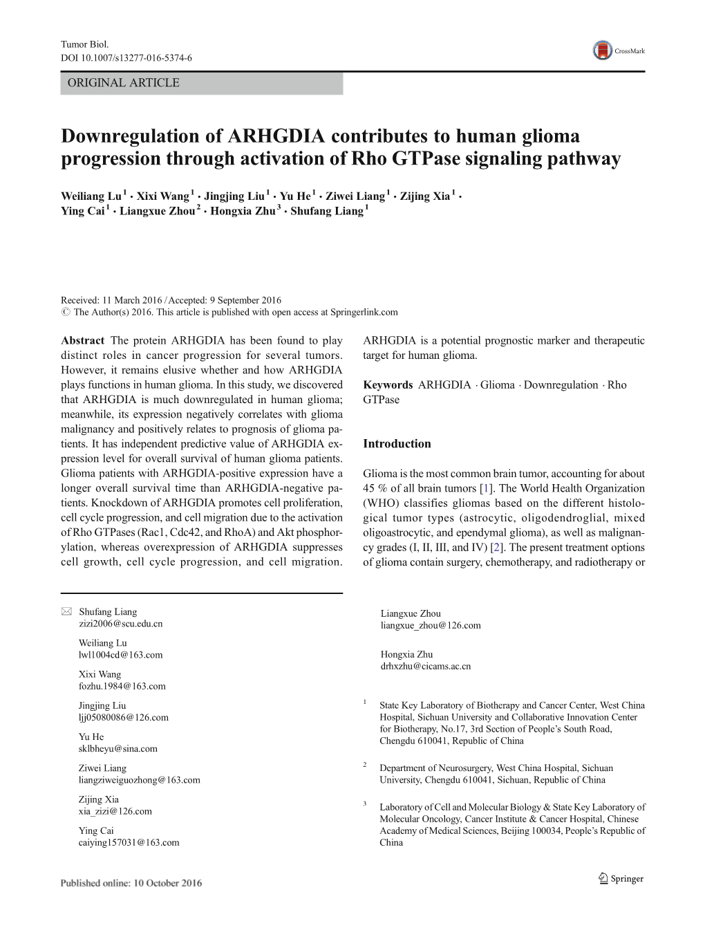 Downregulation of ARHGDIA Contributes to Human Glioma Progression Through Activation of Rho Gtpase Signaling Pathway