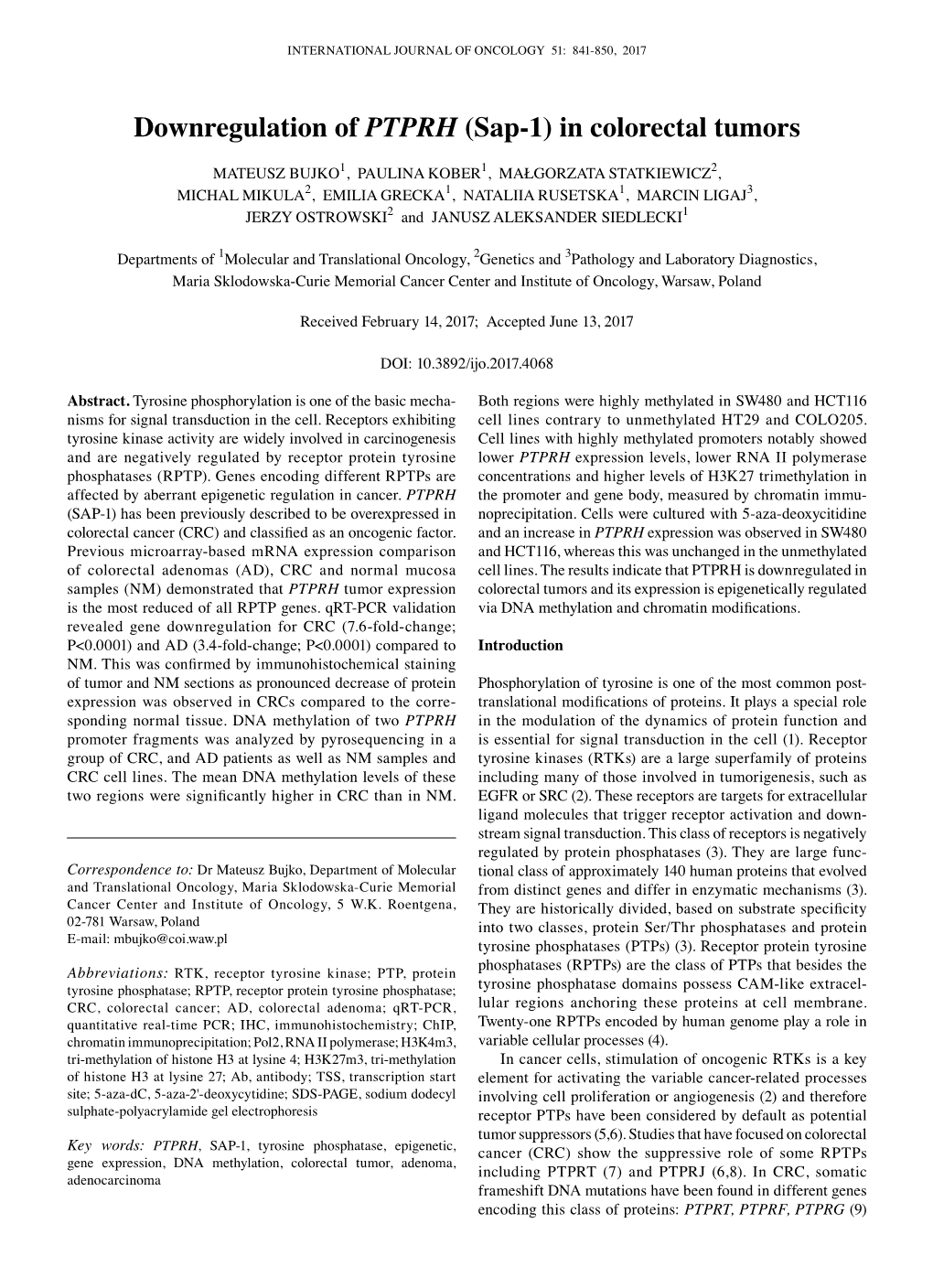 Downregulation of PTPRH (Sap-1) in Colorectal Tumors