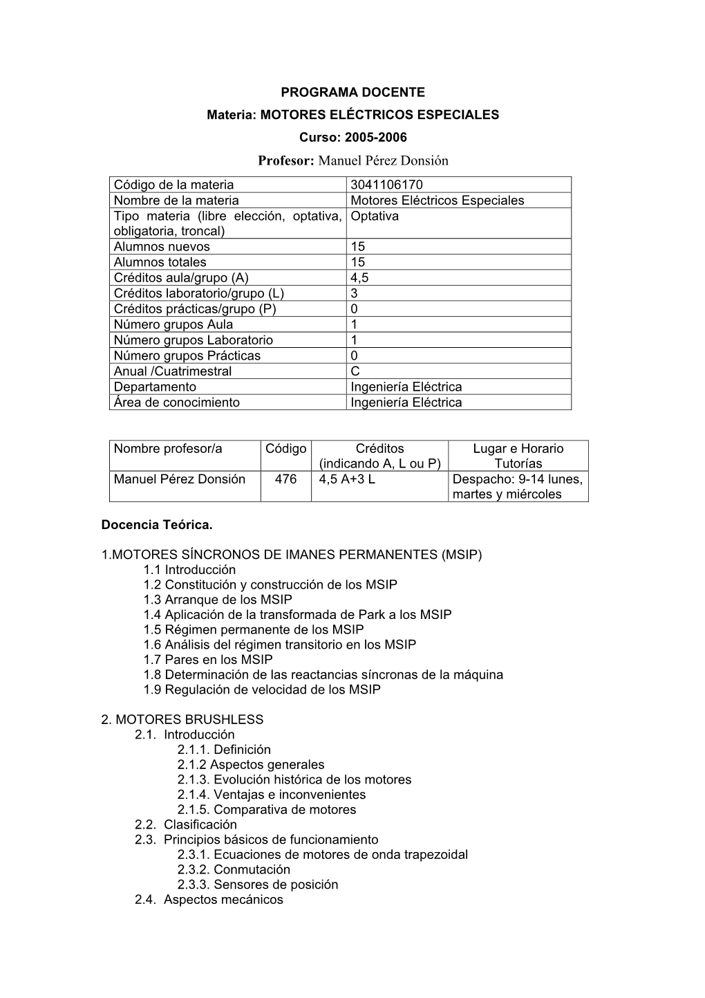 PROGRAMA DOCENTE Materia: MOTORES ELÉCTRICOS