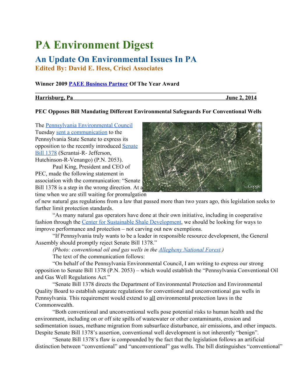 PA Environment Digest an Update on Environmental Issues in PA Edited By: David E