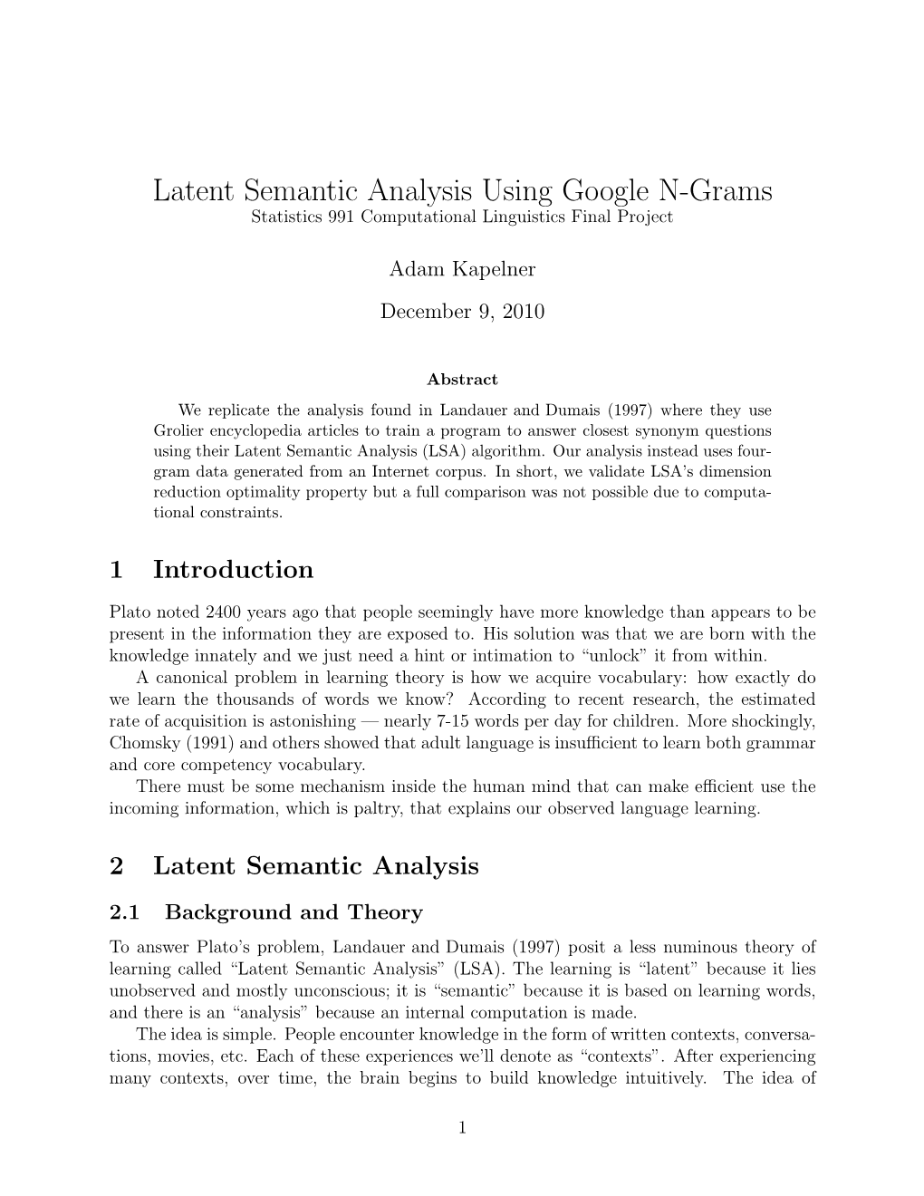 Latent Semantic Analysis Using Google N-Grams Statistics 991 Computational Linguistics Final Project