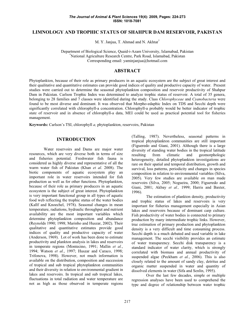 Limnology and Trophic Status of Shahpur Dam Reservoir, Pakistan