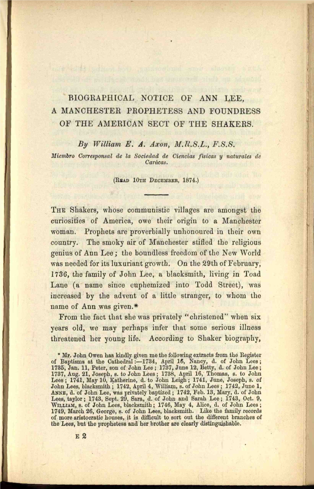 Biographical Notice of Ann Lee, a Manchester Prophetess and Foundress of the American Sect of the Shakers