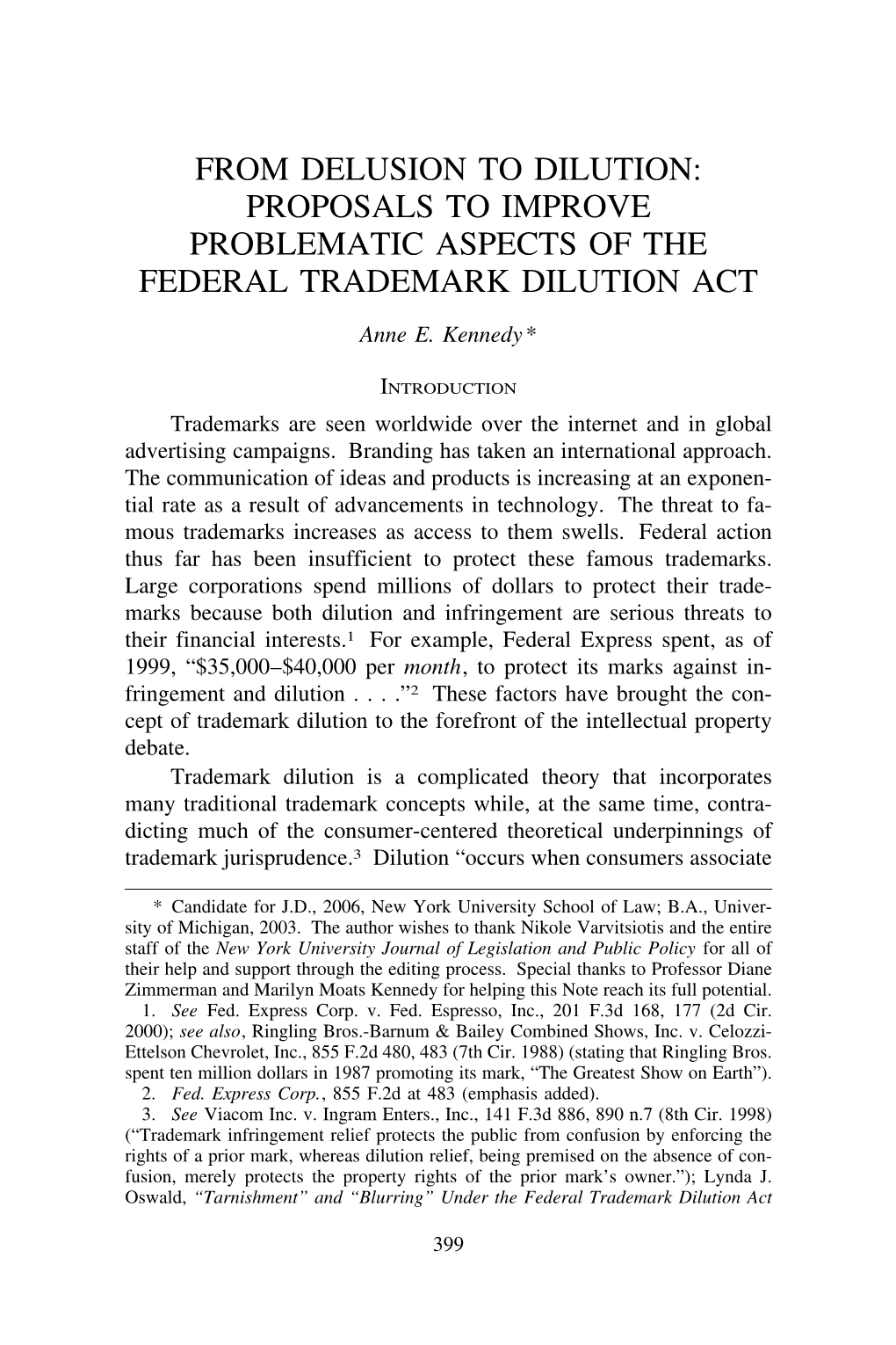 From Delusion to Dilution: Proposals to Improve Problematic Aspects of the Federal Trademark Dilution Act