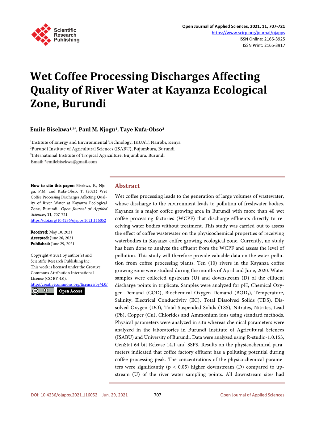 Wet Coffee Processing Discharges Affecting Quality of River Water at Kayanza Ecological Zone, Burundi