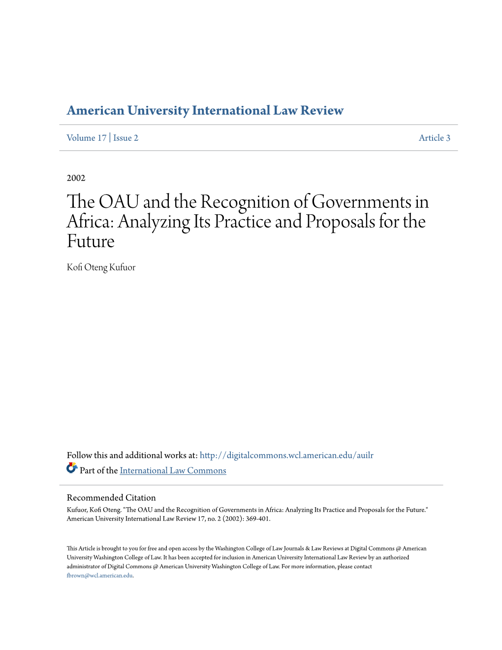The Oau and the Recognition of Governments in Africa: Analyzing Its Practice and Proposals for the Future