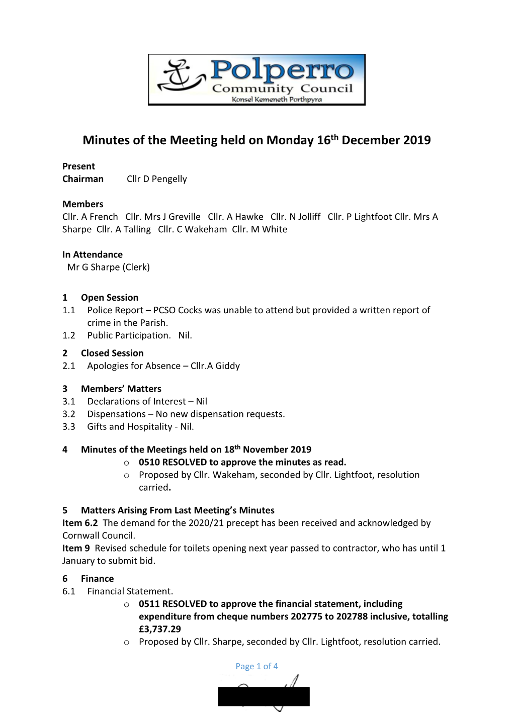 Minutes of the Meeting Held on Monday 16Th December 2019