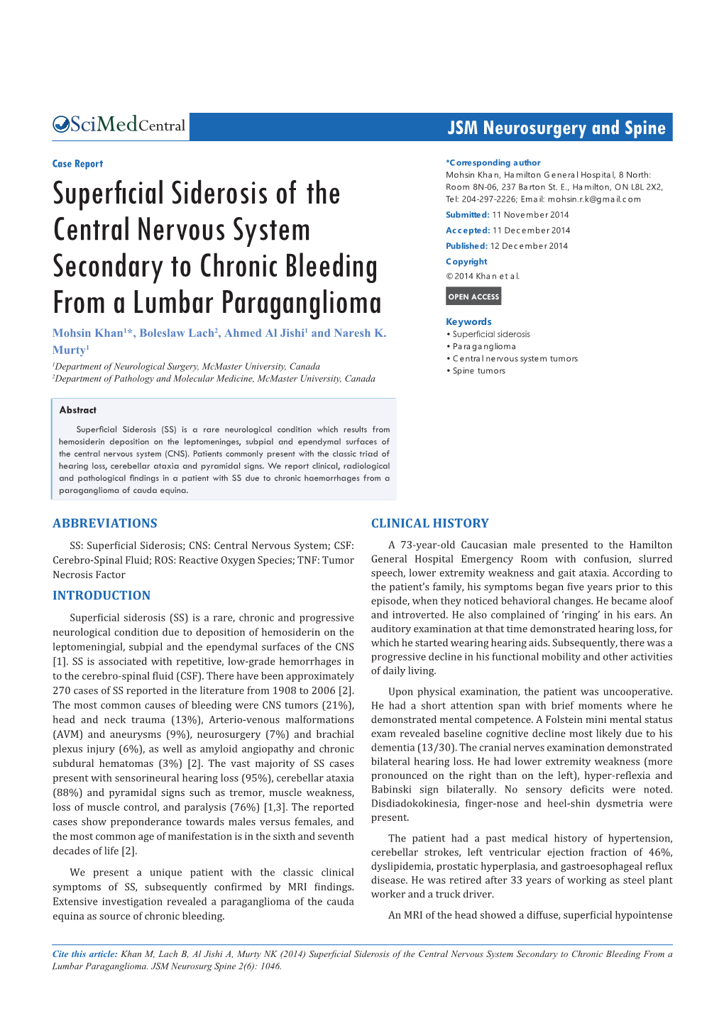 Superficial Siderosis of the Central Nervous System Secondary to Chronic Bleeding from a Lumbar Paraganglioma