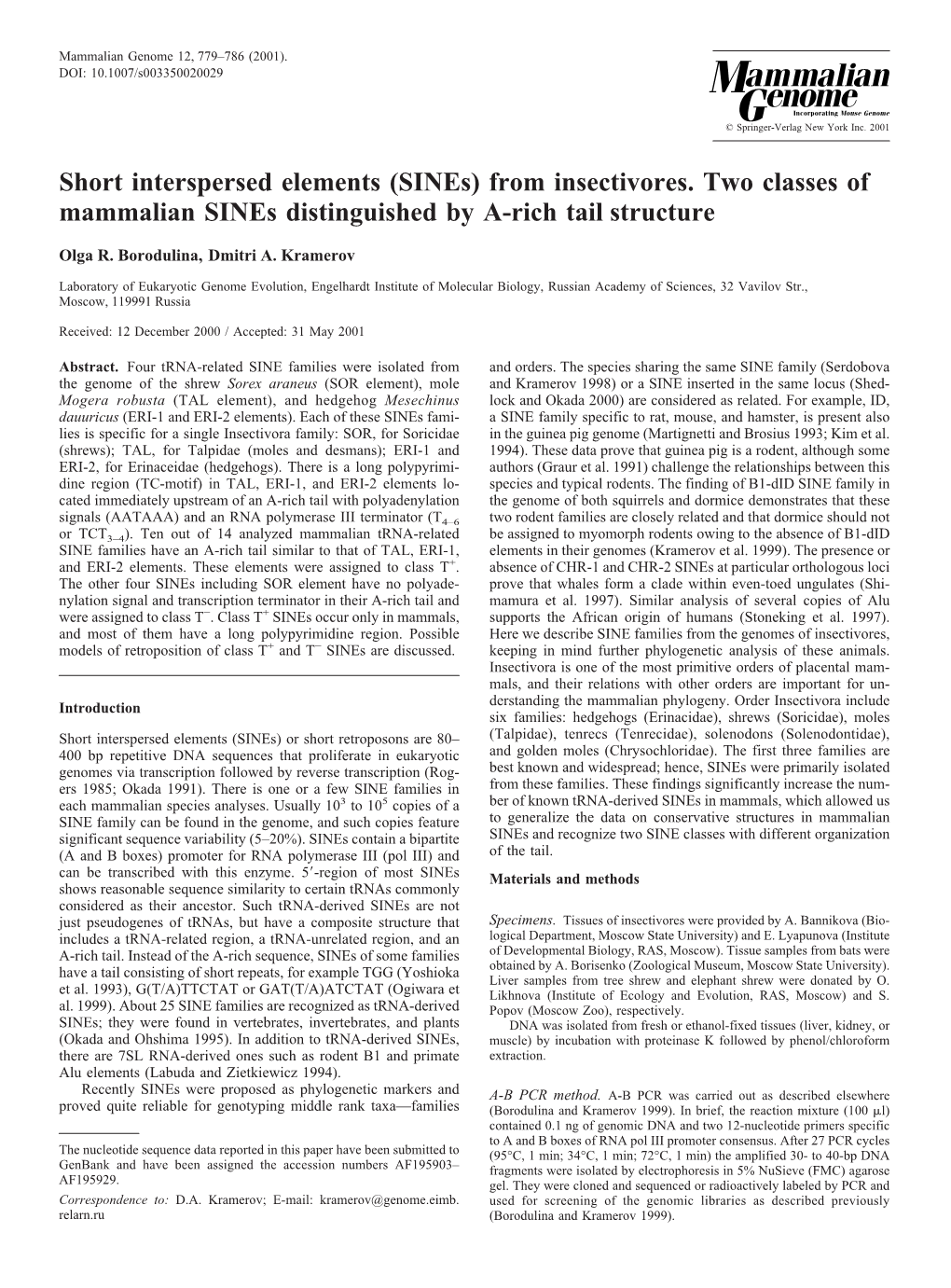 Short Interspersed Elements (Sines) from Insectivores. Two Classes of Mammalian Sines Distinguished by A-Rich Tail Structure