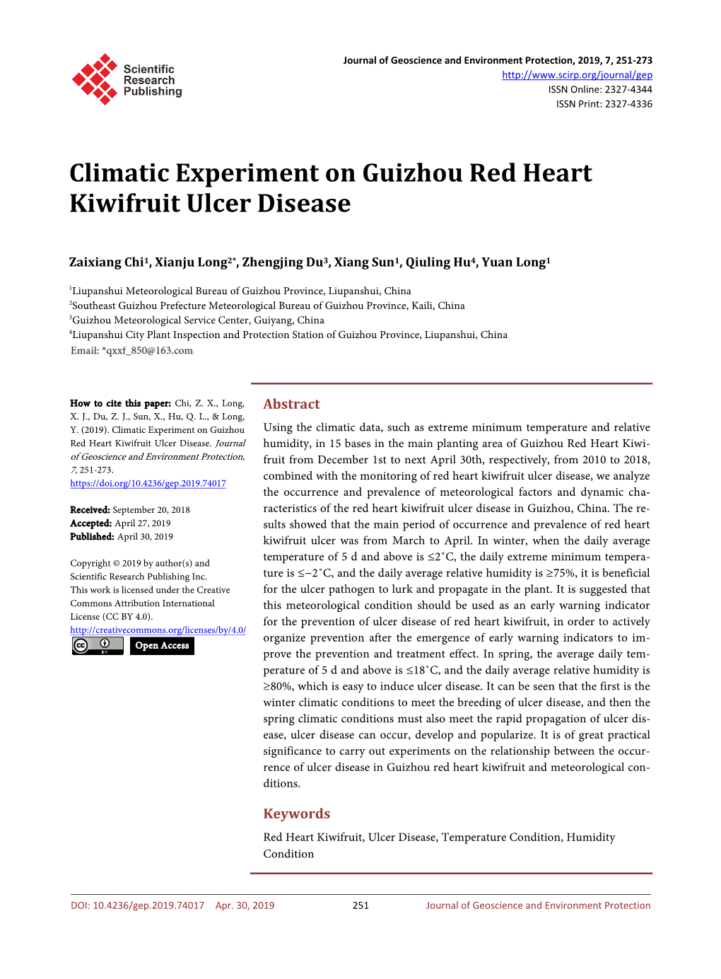 Climatic Experiment on Guizhou Red Heart Kiwifruit Ulcer Disease