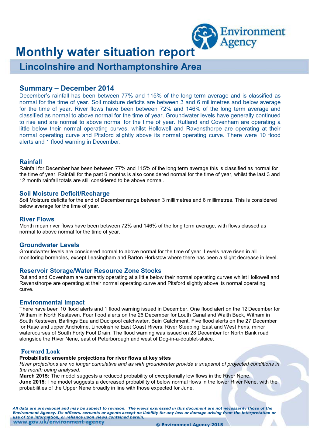 Water Situation Report Lincolnshire and Northamptonshire Area