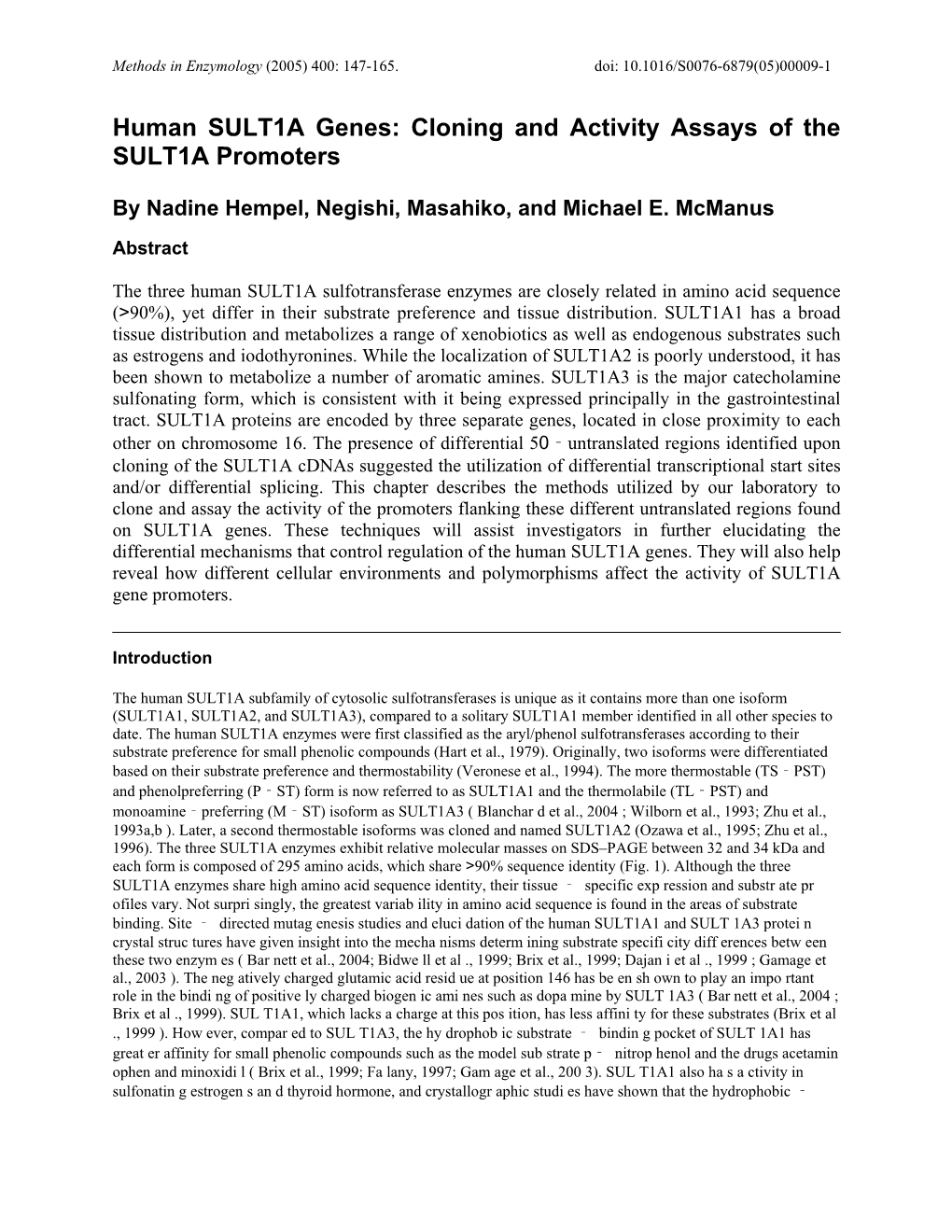 Cloning and Activity Assays of the SULT1A Promoters