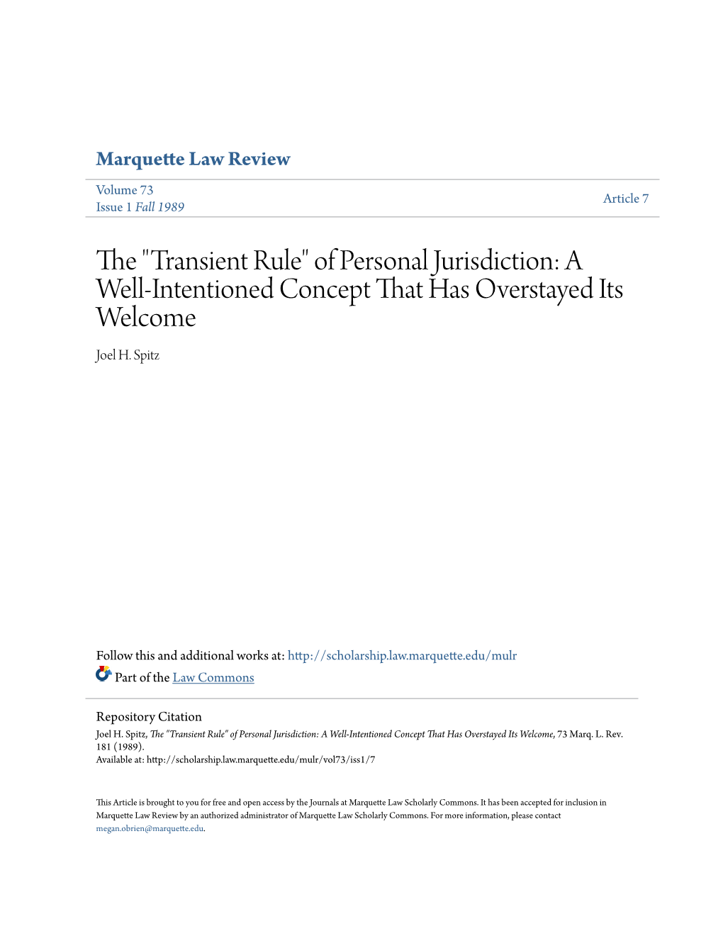 Of Personal Jurisdiction: a Well-Intentioned Concept That Has Overstayed Its Welcome Joel H