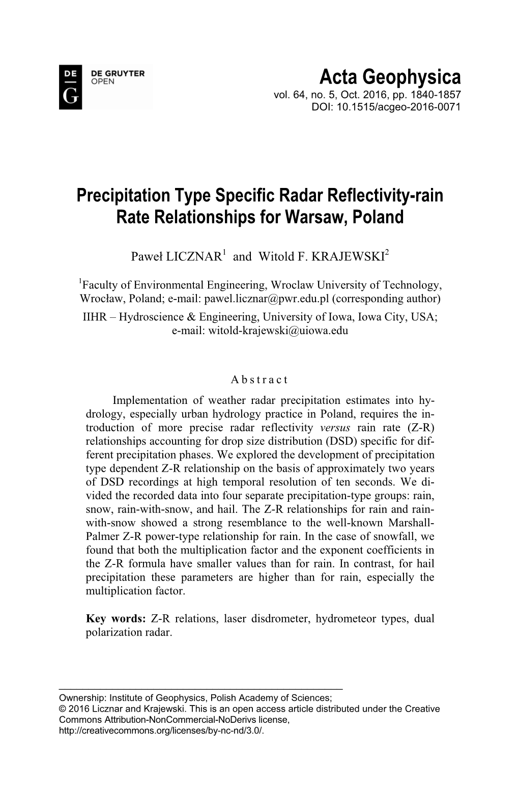 Precipitation Type Specific Radar Reflectivity-Rain Rate Relationships for Warsaw, Poland