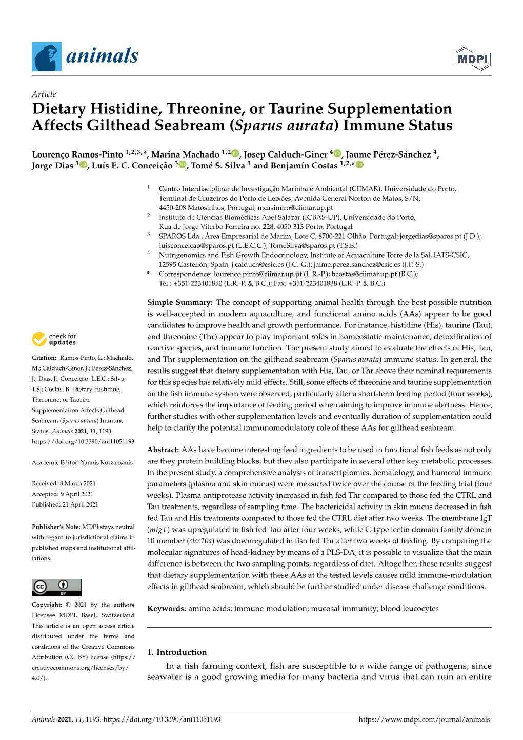 Dietary Histidine, Threonine, Or Taurine Supplementation Affects Gilthead Seabream (Sparus Aurata) Immune Status