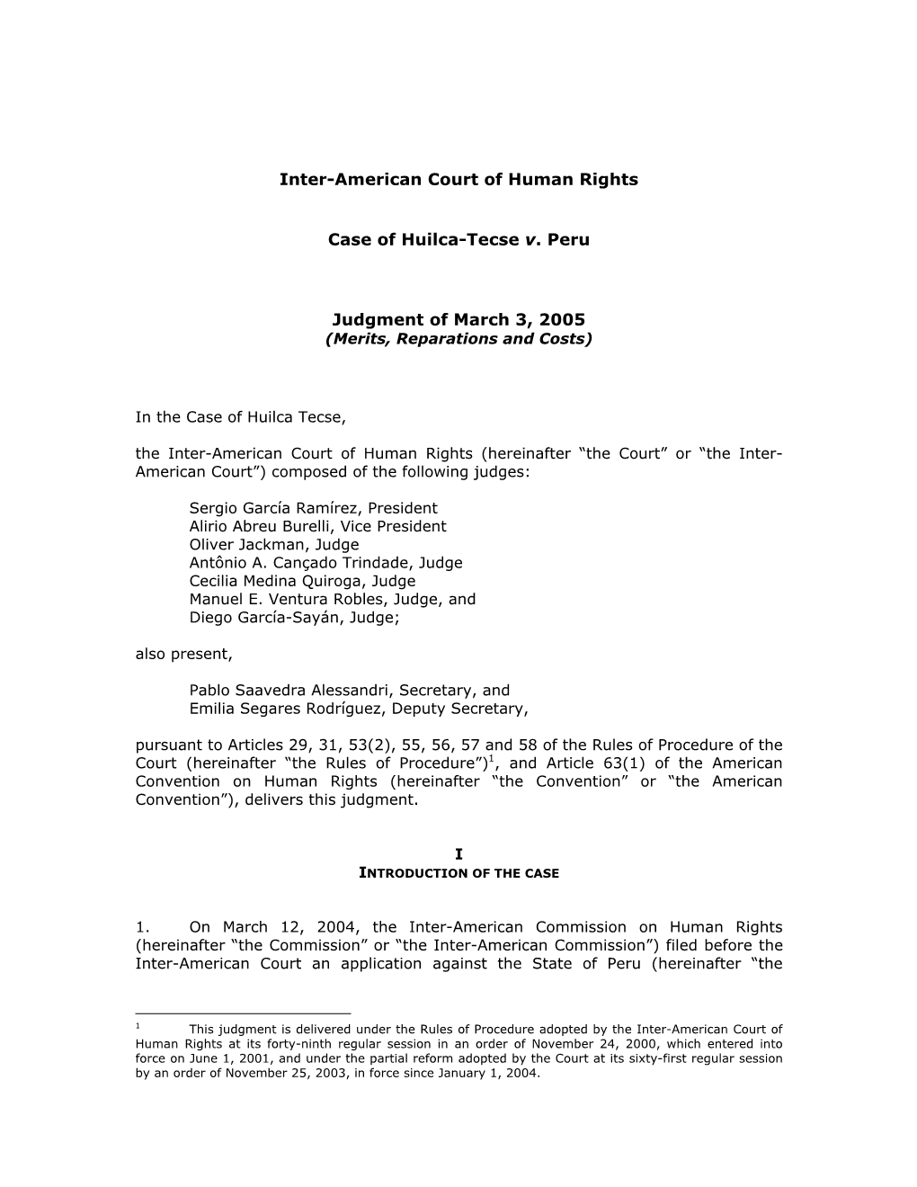 Inter-American Court of Human Rights Case of Huilca-Tecse V. Peru