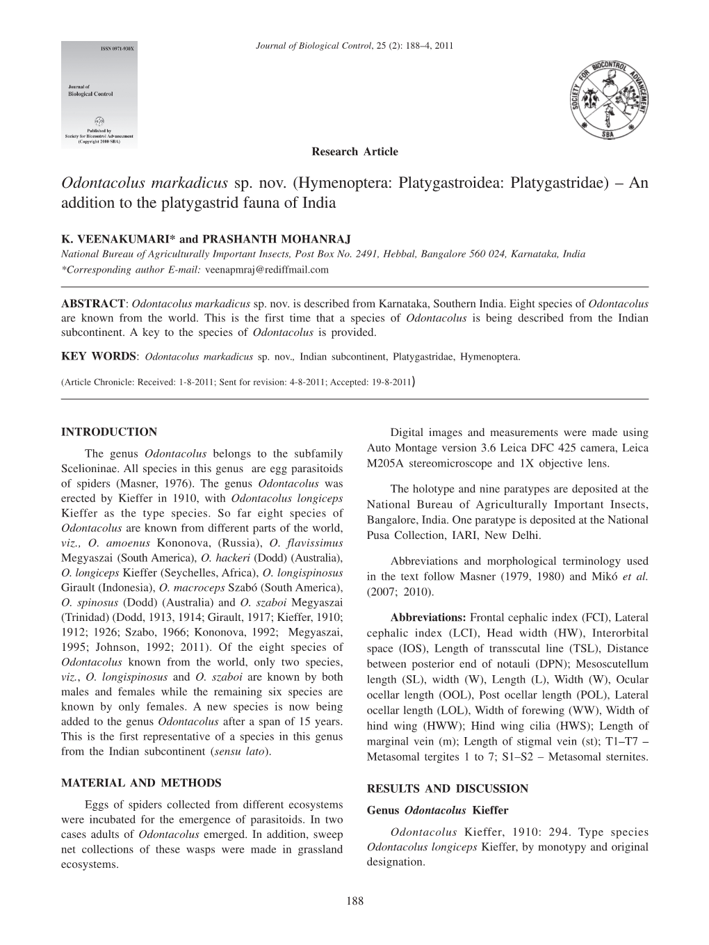 Odontacolus Markadicus Sp. Nov. (Hymenoptera: Platygastroidea: Platygastridae) – an Addition to the Platygastrid Fauna of India