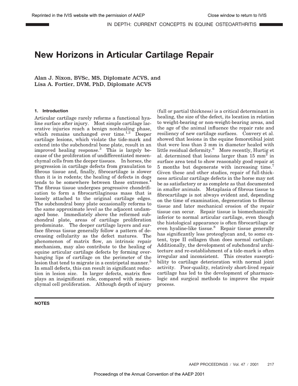 New Horizons in Articular Cartilage Repair