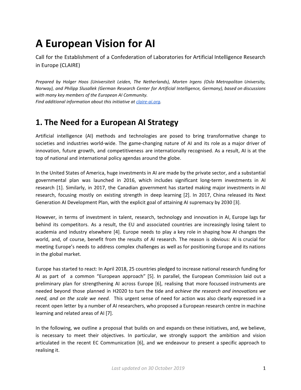 A European Vision for AI Call for the Establishment of a Confederation of Laboratories for Artificial Intelligence Research in Europe (CLAIRE)