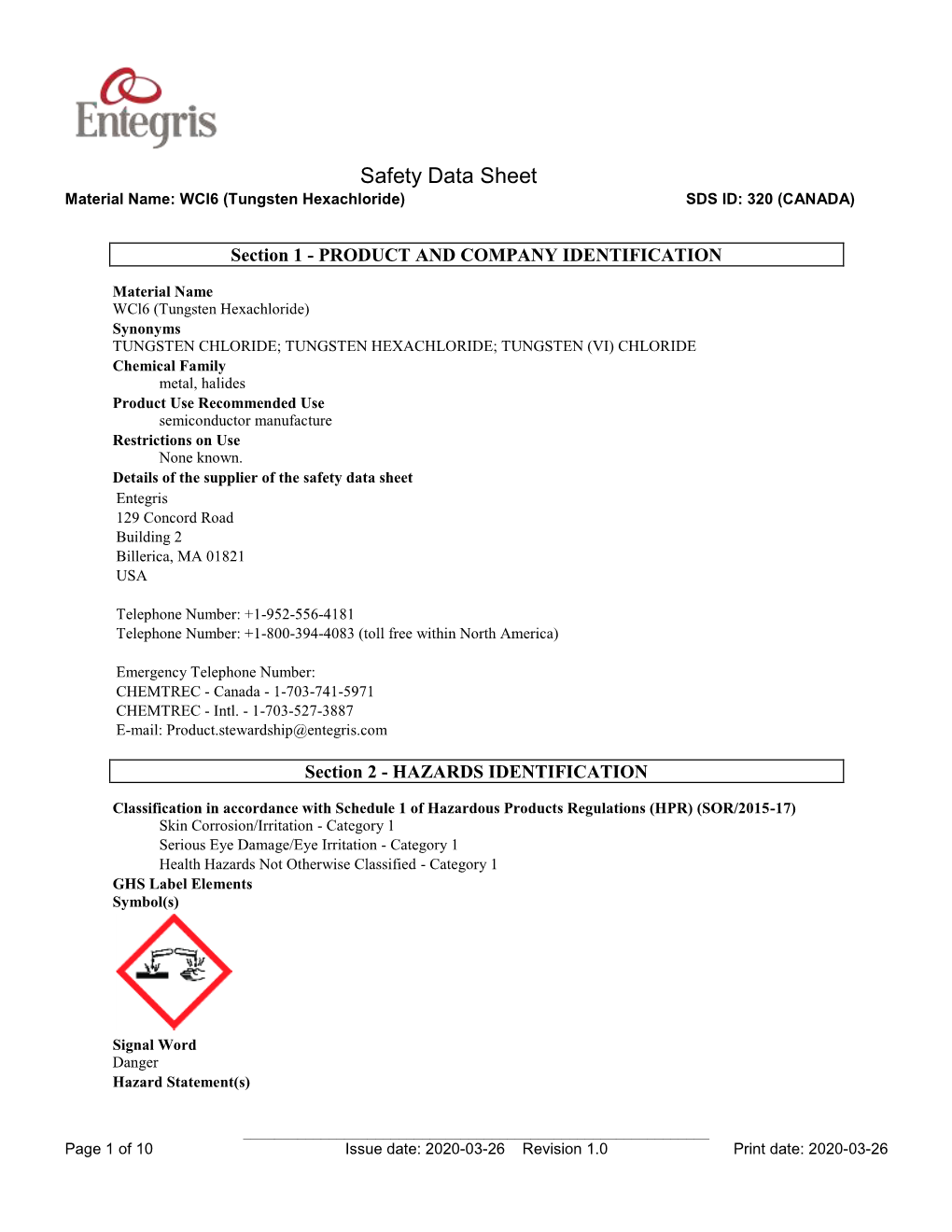 Safety Data Sheet Material Name: Wcl6 (Tungsten Hexachloride) SDS ID: 320 (CANADA)