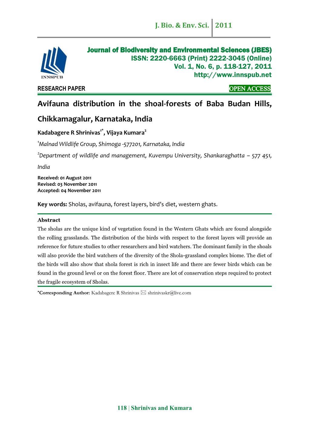 Avifauna Distribution in the Shoal-Forests of Baba Budan Hills, Chikkamagalur, Karnataka, India