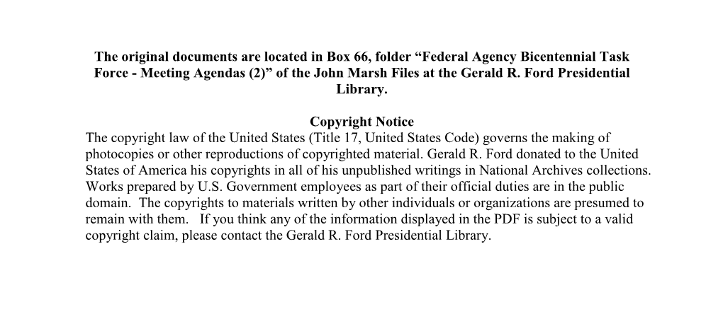 Federal Agency Bicentennial Task Force - Meeting Agendas (2)” of the John Marsh Files at the Gerald R