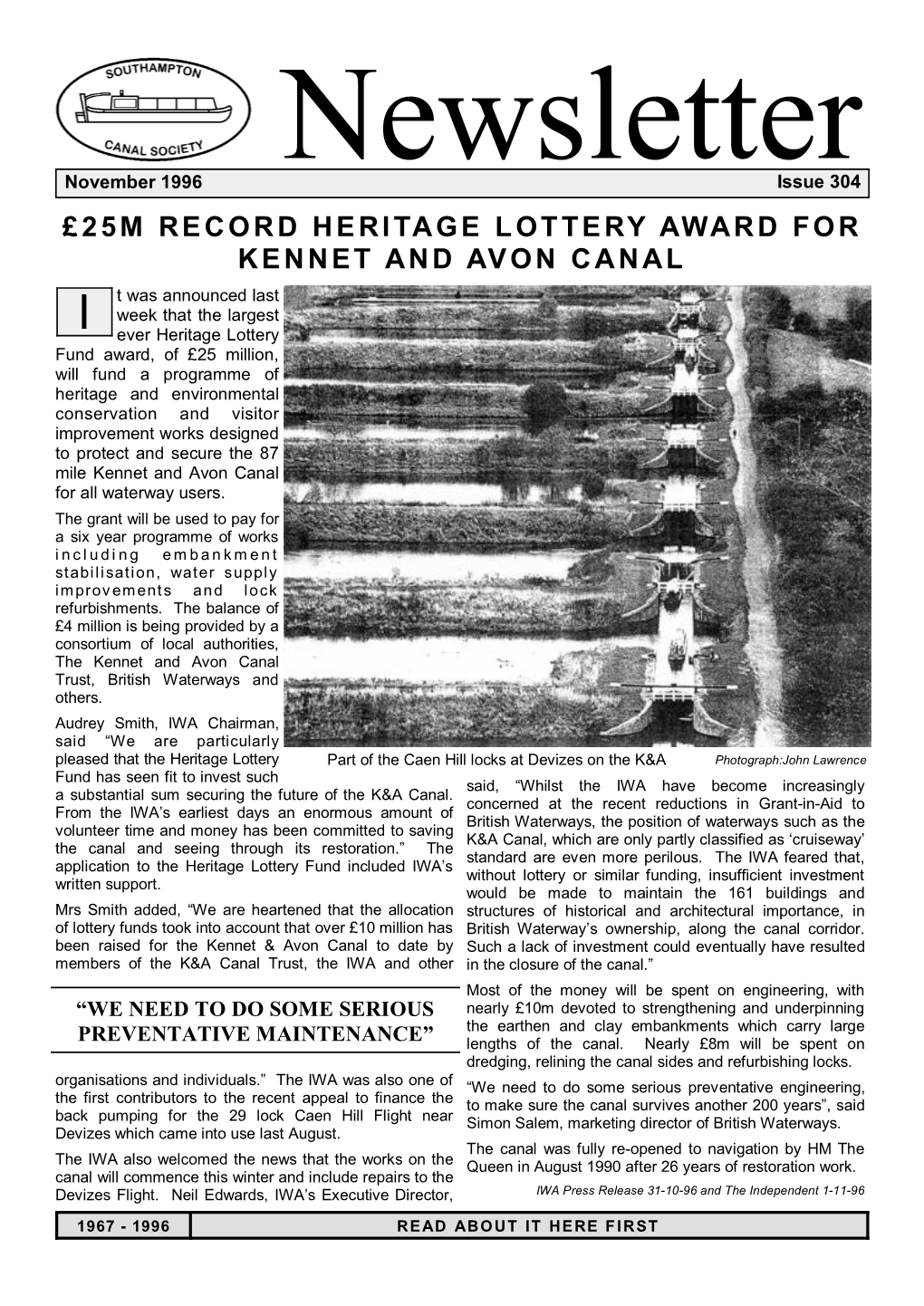November 1996 Issue 304 £25M RECORD HERITAGE LOTTERY AWARD for KENNET and AVON CANAL