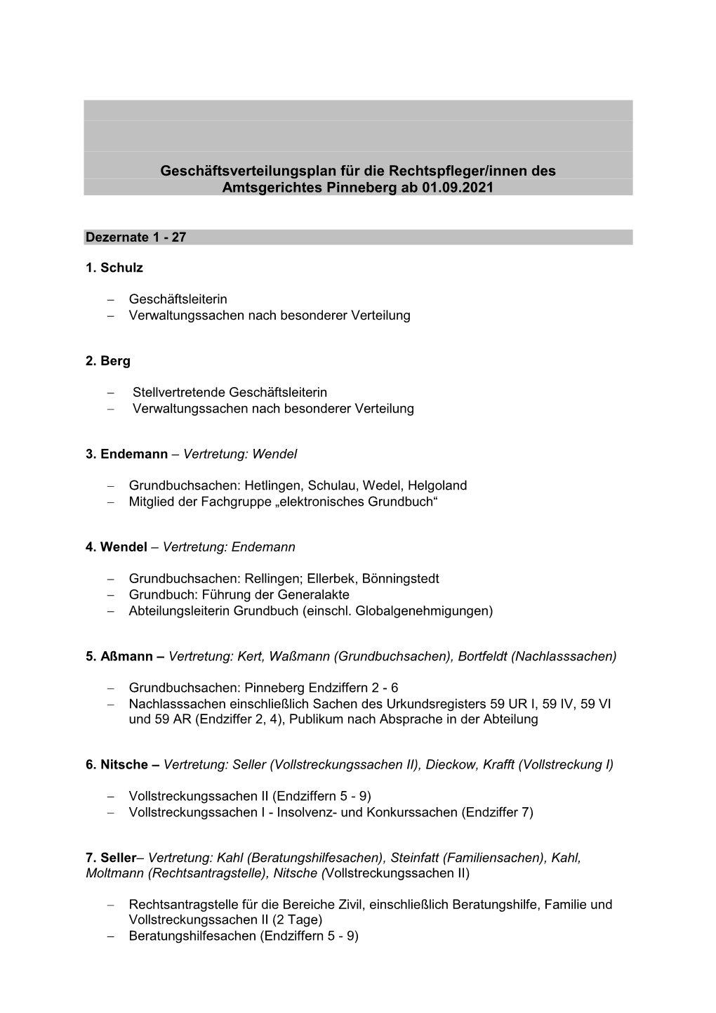 Geschäftsverteilungsplan Für Die Rechtspfleger/Innen Des Amtsgerichtes Pinneberg Ab 01.09.2021