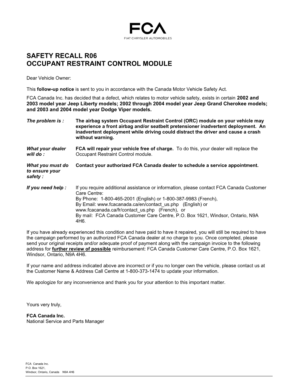 Safety Recall R06 Occupant Restraint Control Module