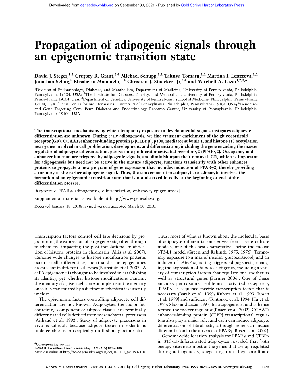 Propagation of Adipogenic Signals Through an Epigenomic Transition State
